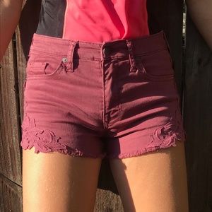 Maroon Denim Shorts With Flower Detailing
